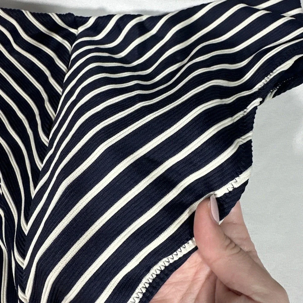 NEW Robin Piccone [‎ Large ] Parker High Waist Stripe Bikini Bottom Navy U1692